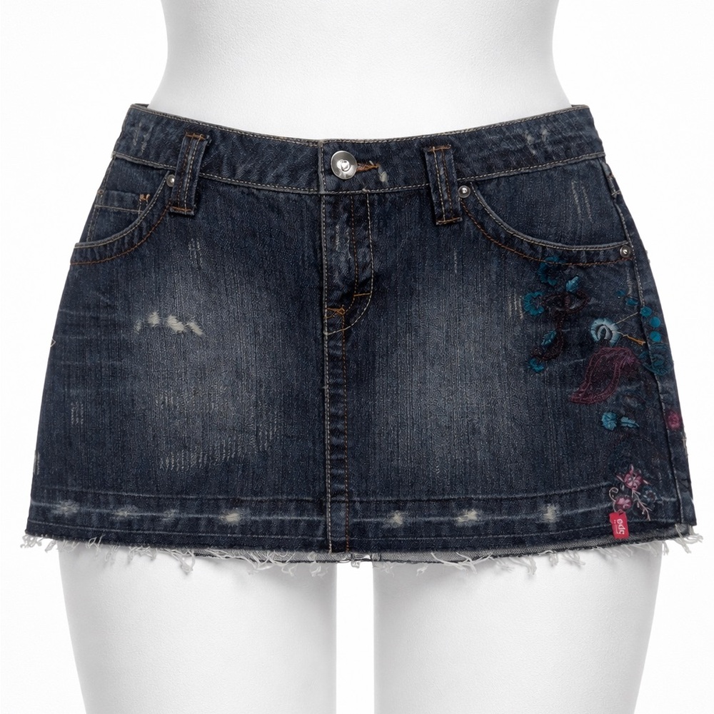 Denim Mini Skirt with Embroidered Floral Design